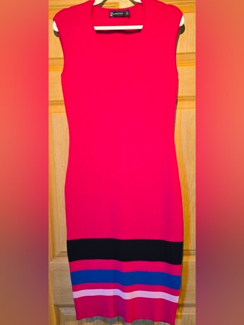 New York & Co Hot Pink and Black/Blue Colorblock Knit Sleeveless Midi Dress, XS